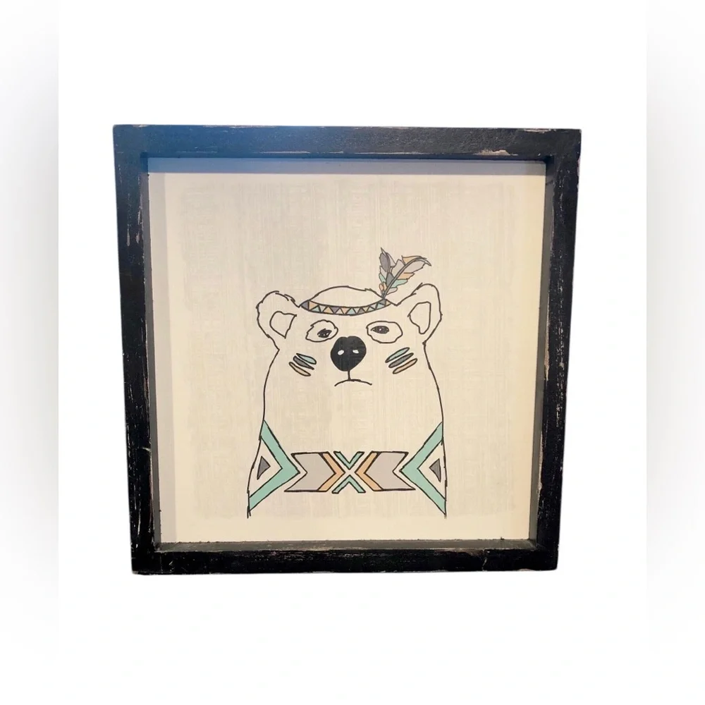 Bear Tribal Accent Wall Kids Nursery Art Dark Distressed Wood Frame